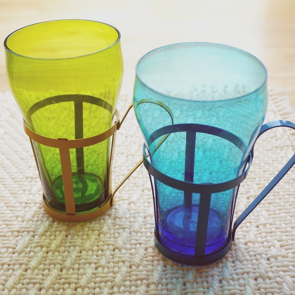 Vtg Glass Cups with Metal Holders